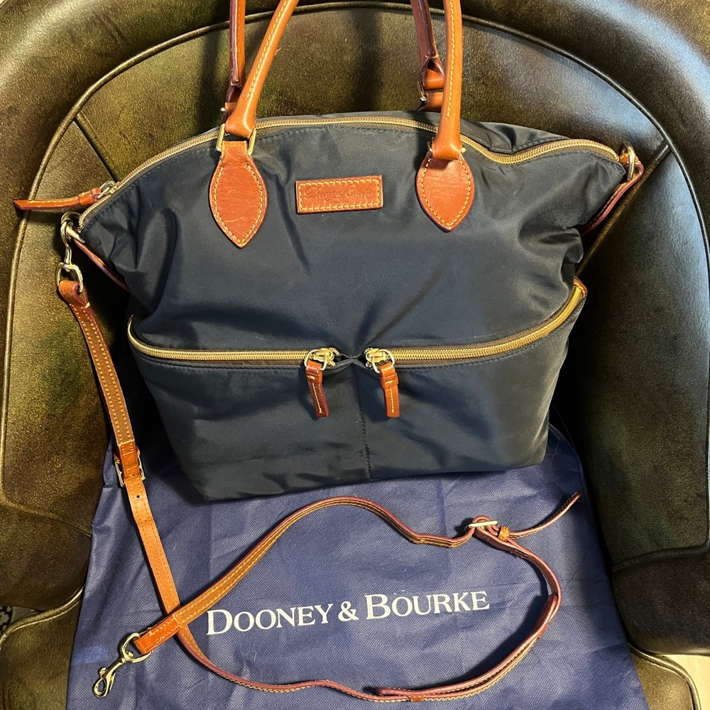 Dooney & Bourke Navy and Tan Dillen two pocket nylon satchel